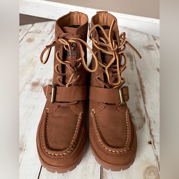 POLO Ralph Lauren Ranger boots brown tan leather lace up buckle men’s sz 8.5 EUC - Picture 4 of 11